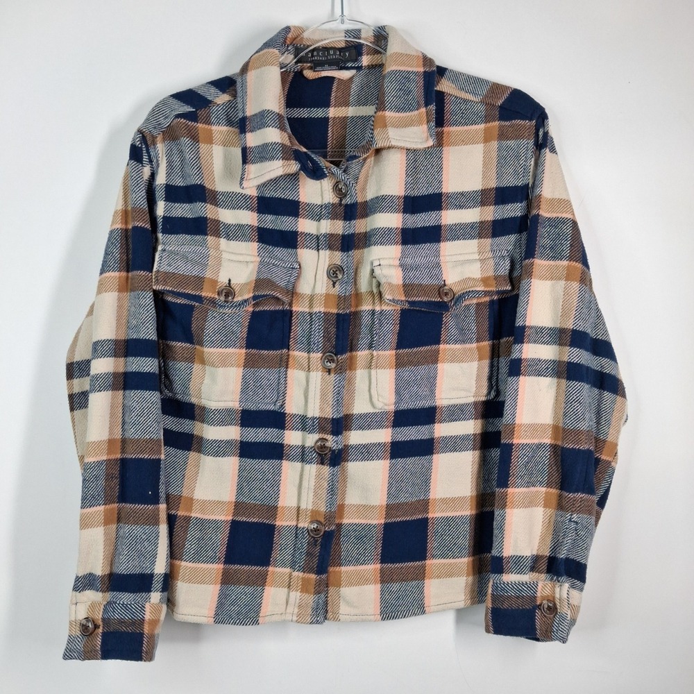 Sanctuary Standard Surplus Plaid Button Down Flannel Shirt Medium Blue Tan Cream